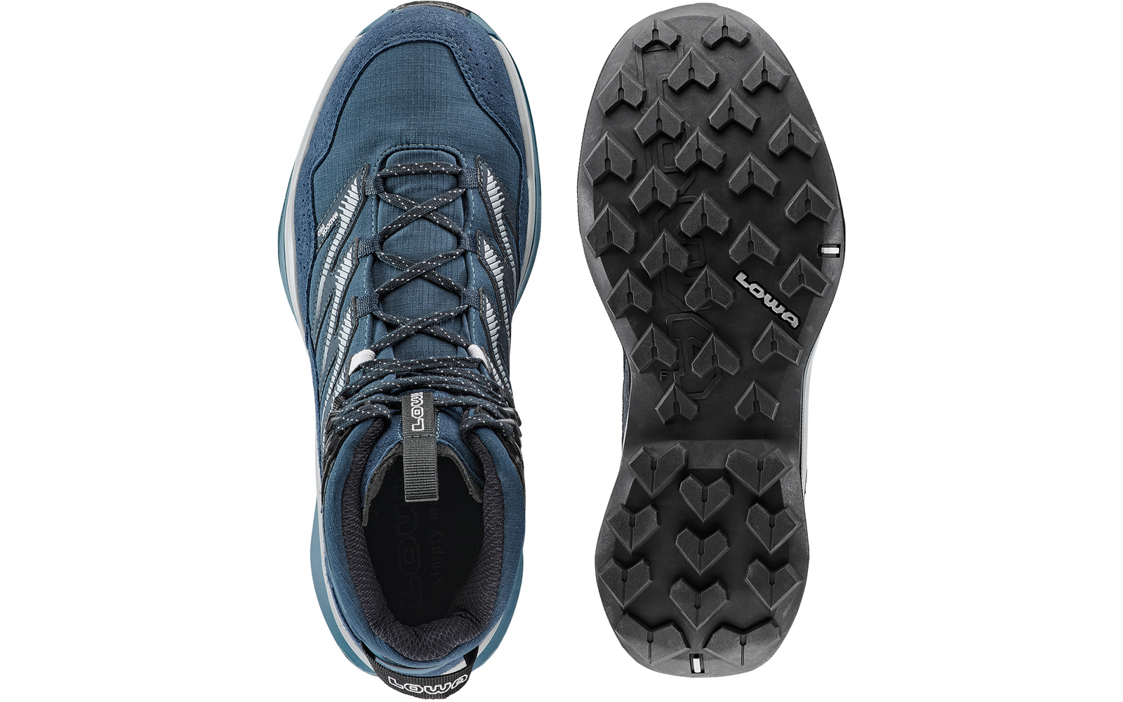 Blauer Wanderschuh mit schwarzer Sohle, Vorder- und Unteransicht