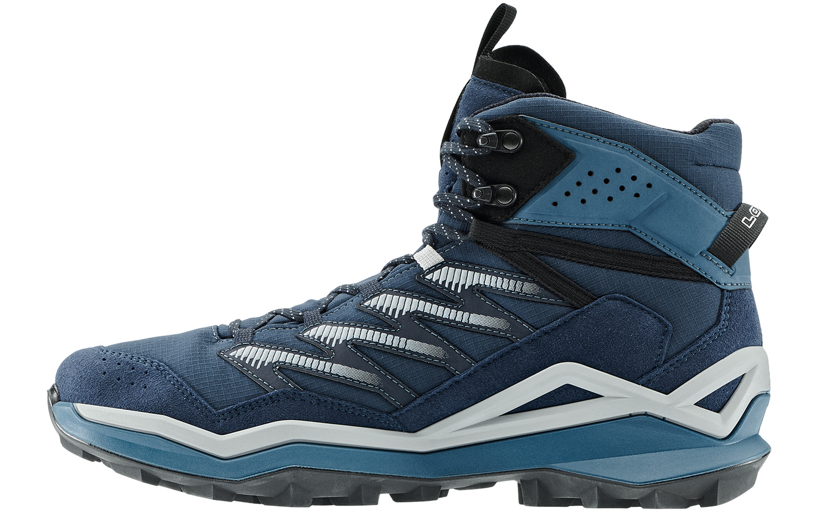 Blau-schwarzer Wanderschuh mit weißem Muster und grauer Sohle, Seitenansicht