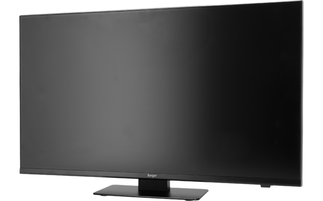 Schwarzer flacher Bildschirm mit dünnem Rahmen auf rechteckigem Standfuß