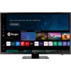 Flacher Fernseher auf Standfuß zeigt Smart‑TV-Startbildschirm; oben weißer Text ‚Start a new experience with your webOS Hub‘ und Button ‚Go to Apps‘; links vertikales Menü; mittig Reihen mit App‑Kacheln (u. a. Netflix, Disney+, Prime Video, Apple TV,