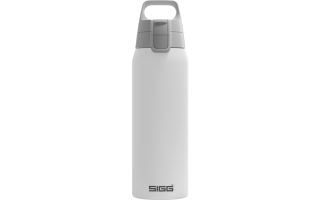 Weiße Trinkflasche mit hellgrauem Deckel, integriertem Tragegriff, Klappverschluss und SIGG-Logo unten