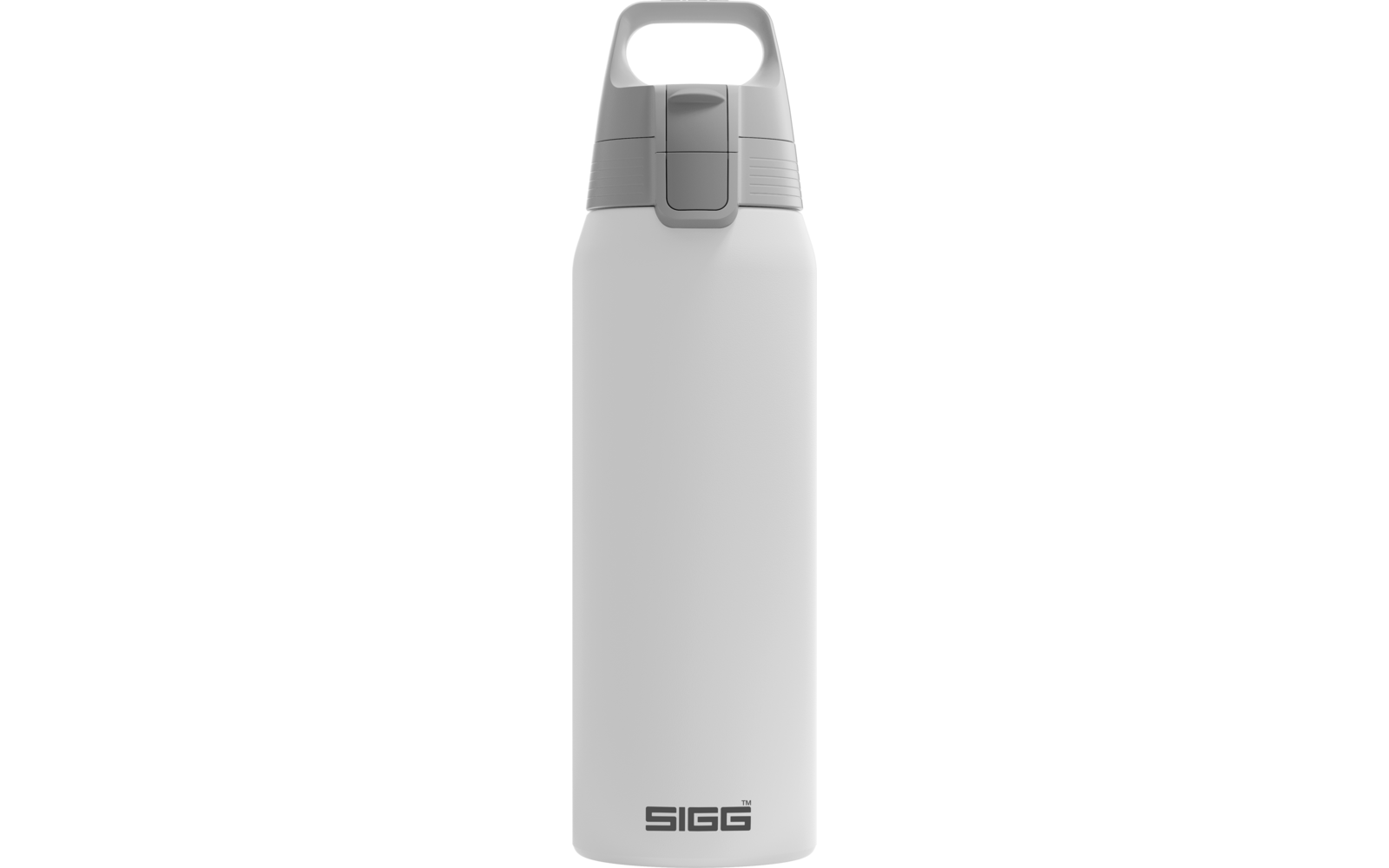 Weiße Trinkflasche mit hellgrauem Deckel, integriertem Tragegriff, Klappverschluss und SIGG-Logo unten