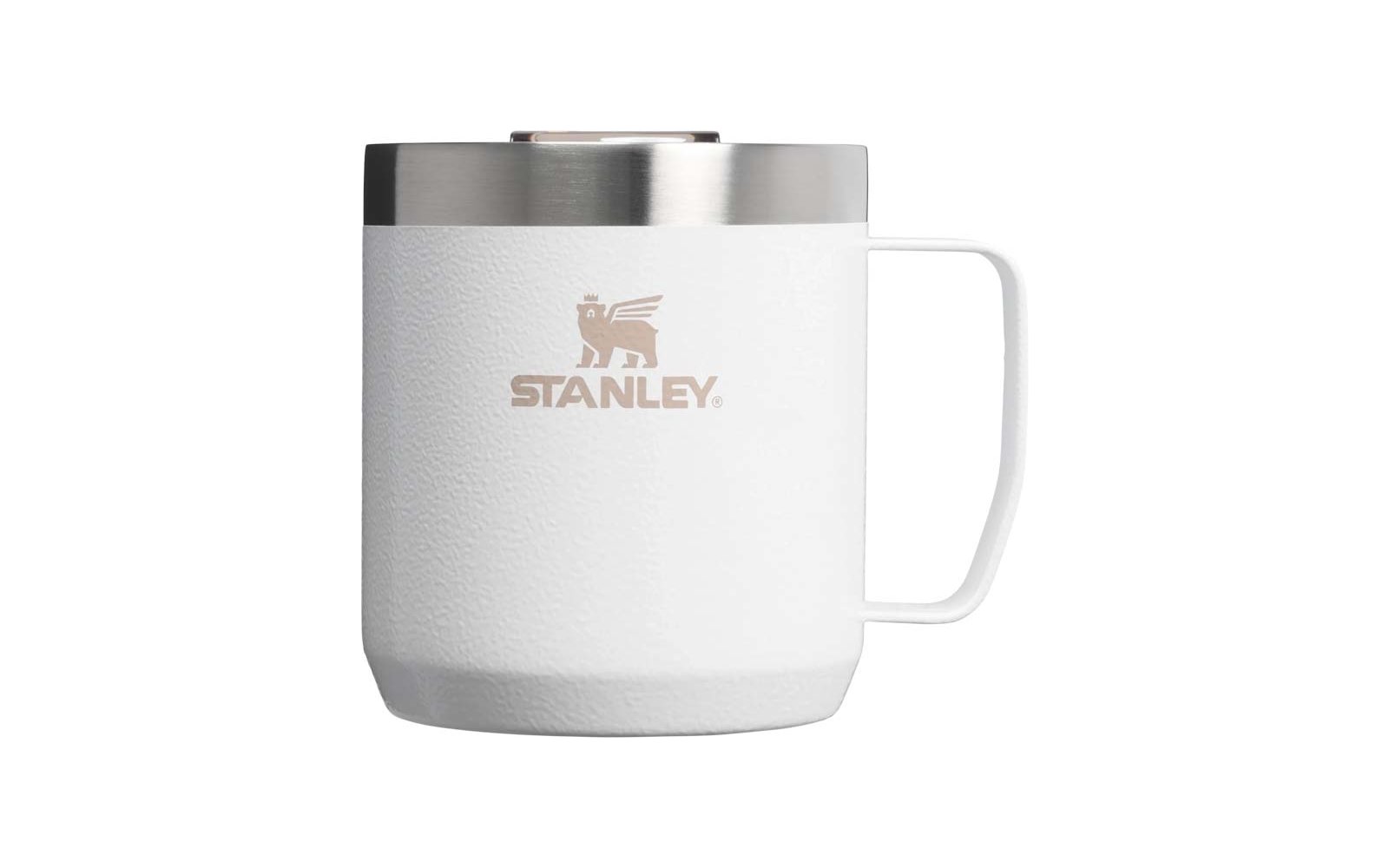 Weiße Tasse mit Henkel, Edelstahlrand und 'STANLEY' Logo
