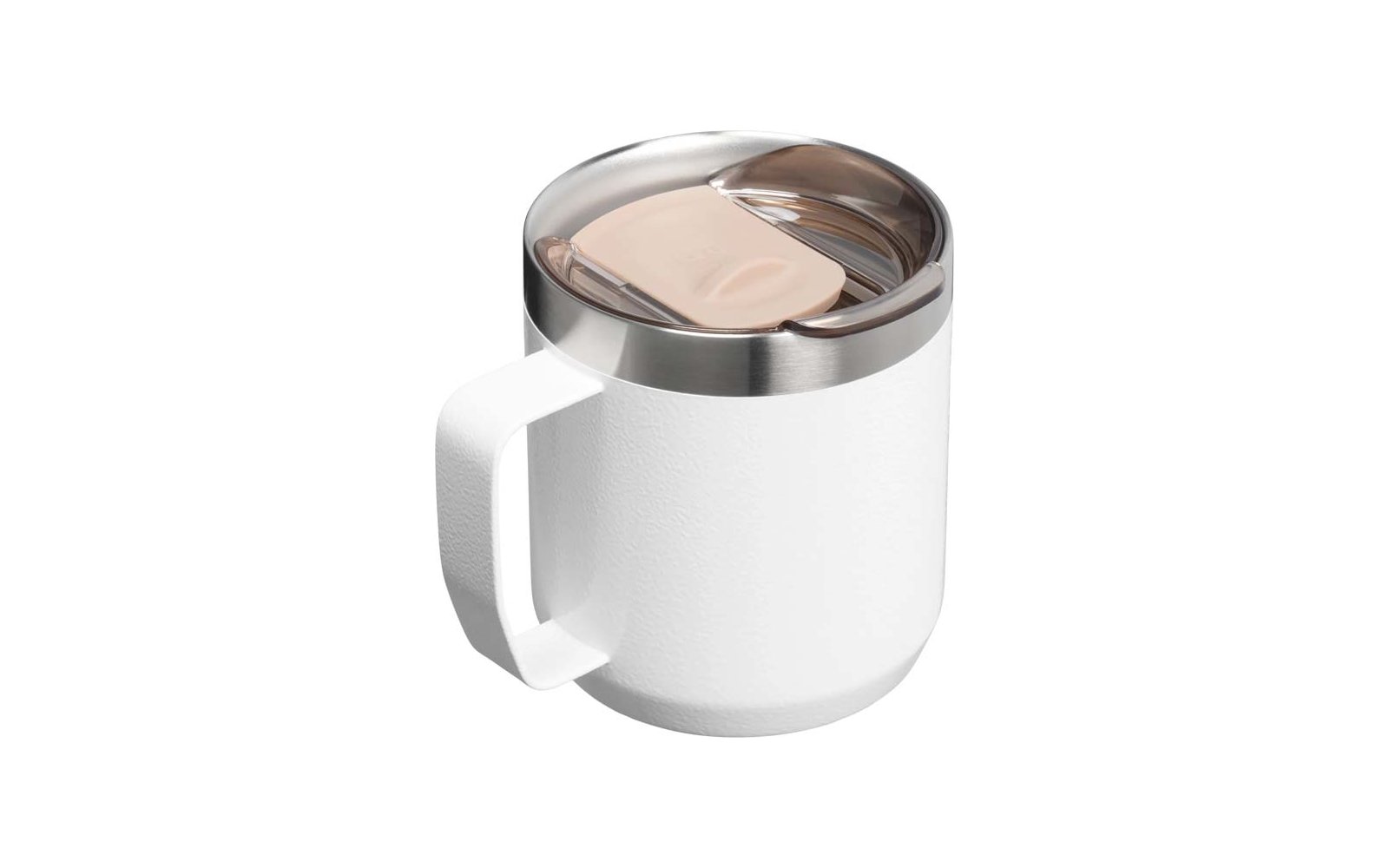 Weiße Tasse mit Henkel, metallischem Rand und transparentem Deckel mit rosafarbenem Schieber