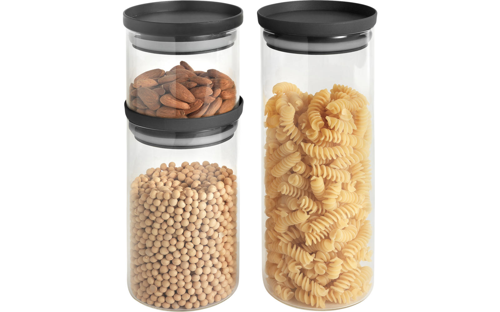 Drie doorzichtige voorraadpotten met zwarte deksels, gevuld met amandelen, kikkererwten en pasta