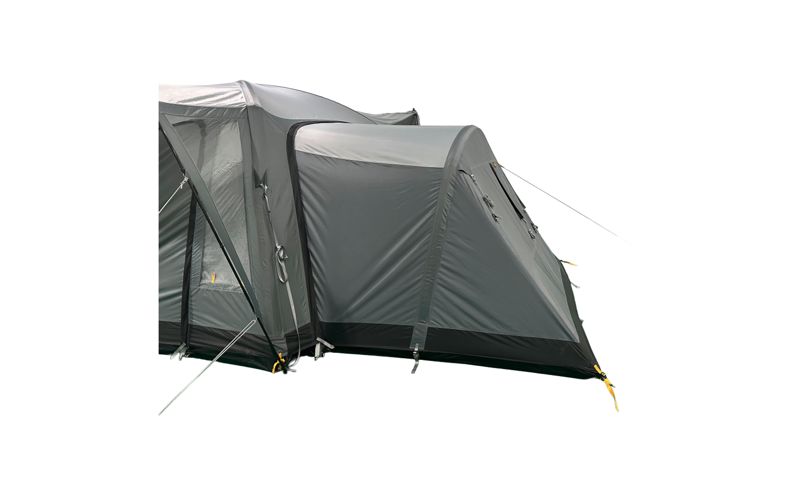 Großes graugrünes Zelt mit mehreren Kammern, Reißverschlusstür, Fenstern und Abspannleinen