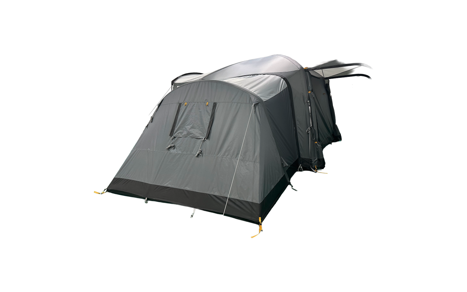 Großes graues mehrräumiges Zelt mit vorgelagertem Vorraum, Eingang mit Reißverschluss, seitlichen Fenstern, Abspannleinen und Erdankern