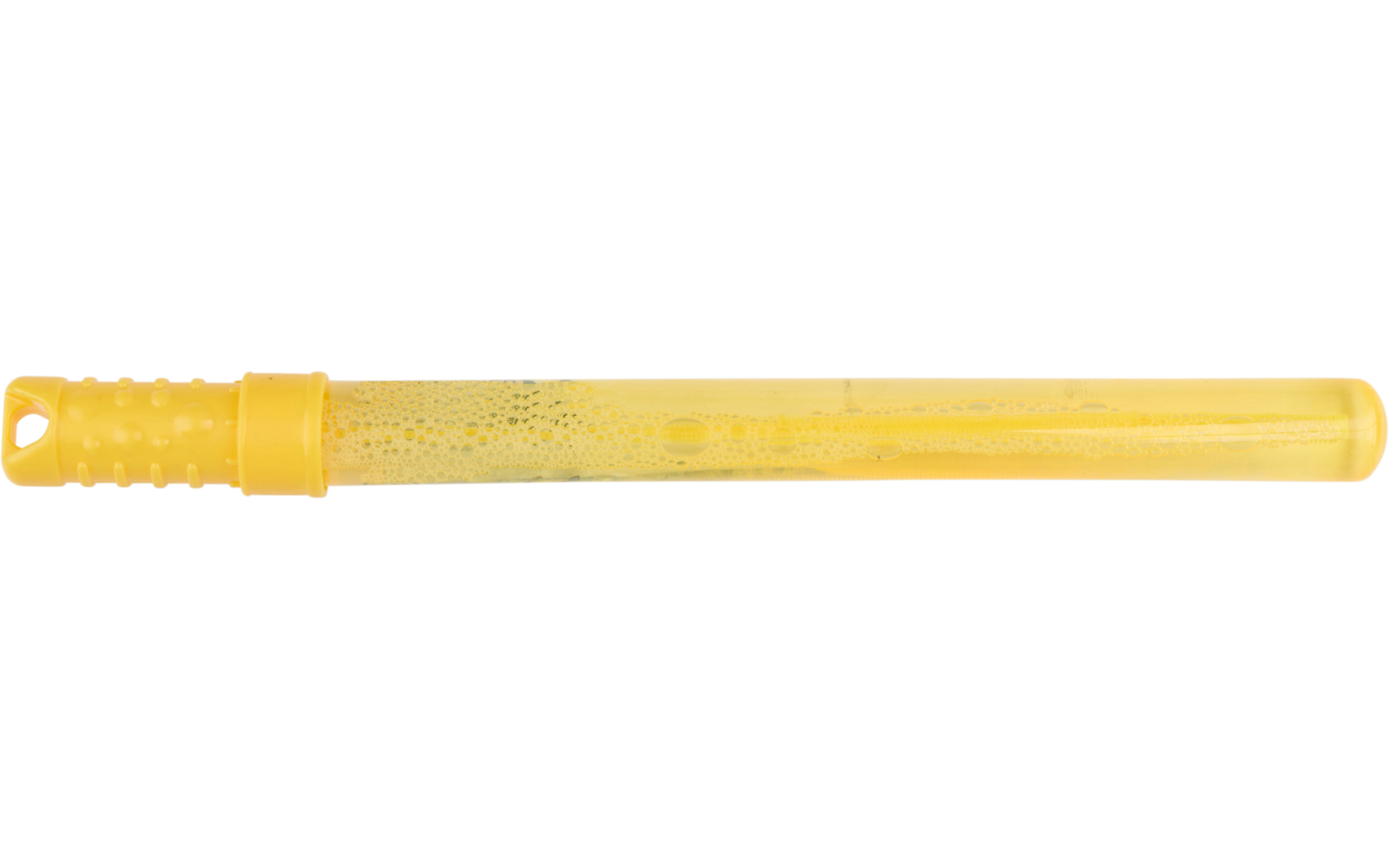 Een gele balpenvulling met een blauwe punt op een witte achtergrond