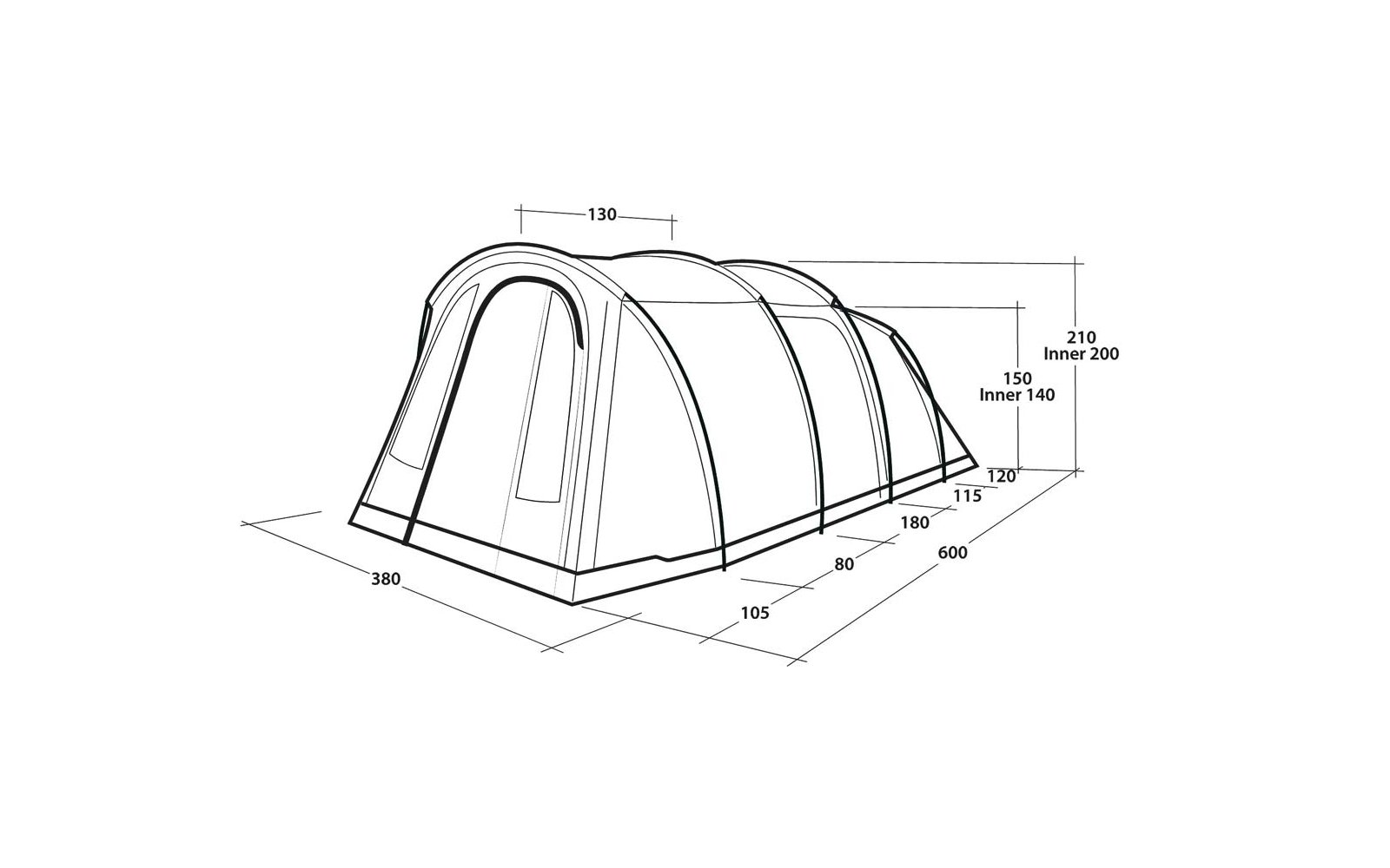 Zwart-witte tekening van een tunneltent met drie gebogen framebogen, vooringang, rechthoekig zijraam en maatlijnen met cijfers