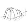 Zwart-witte tekening van een tunneltent met drie gebogen framebogen, vooringang, rechthoekig zijraam en maatlijnen met cijfers