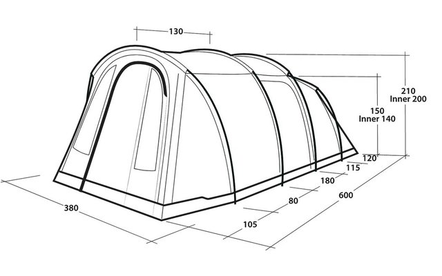 Zwart-witte tekening van een tunneltent met drie gebogen framebogen, vooringang, rechthoekig zijraam en maatlijnen met cijfers