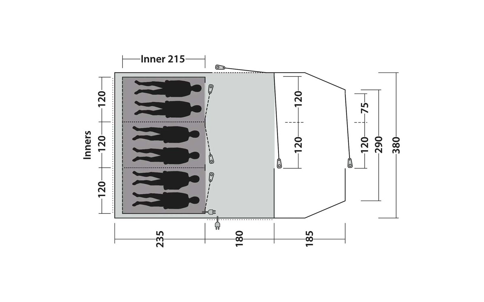 Plattegrondschematische weergave van boven met links een gearceerd rechthoek met vijf zwarte menssilhouetten naast elkaar, rechts een lichtgrijs onregelmatig vlak, en lijnen, pijlen en cijfers voor maatvoering