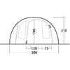 Zwart-witte lijntekening van een koepelvormige tent met twee frontopeningen en zichtbare rits-schuivers, grondlijn en maatlabels 380, 120, 75, 190, 210
