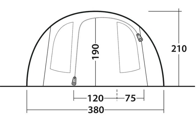 Zwart-witte lijntekening van een koepelvormige tent met twee frontopeningen en zichtbare rits-schuivers, grondlijn en maatlabels 380, 120, 75, 190, 210