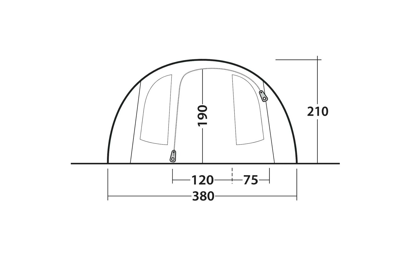 Zwart-witte lijntekening van een koepelvormige tent met twee frontopeningen en zichtbare rits-schuivers, grondlijn en maatlabels 380, 120, 75, 190, 210