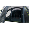 Donkergrijze tent met open ingang, zichtbare binnenscheiding, lichtgrijze raampanelen en neonkleurige scheerlijnen