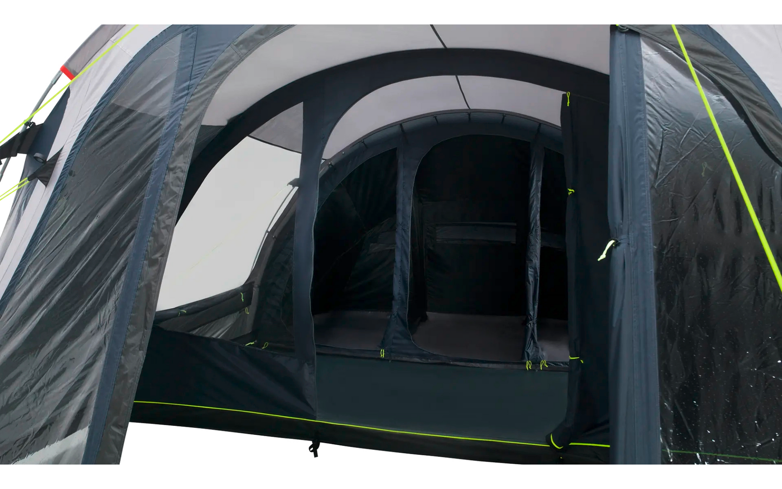 Donkergrijze tent met open ingang, zichtbare binnenscheiding, lichtgrijze raampanelen en neonkleurige scheerlijnen