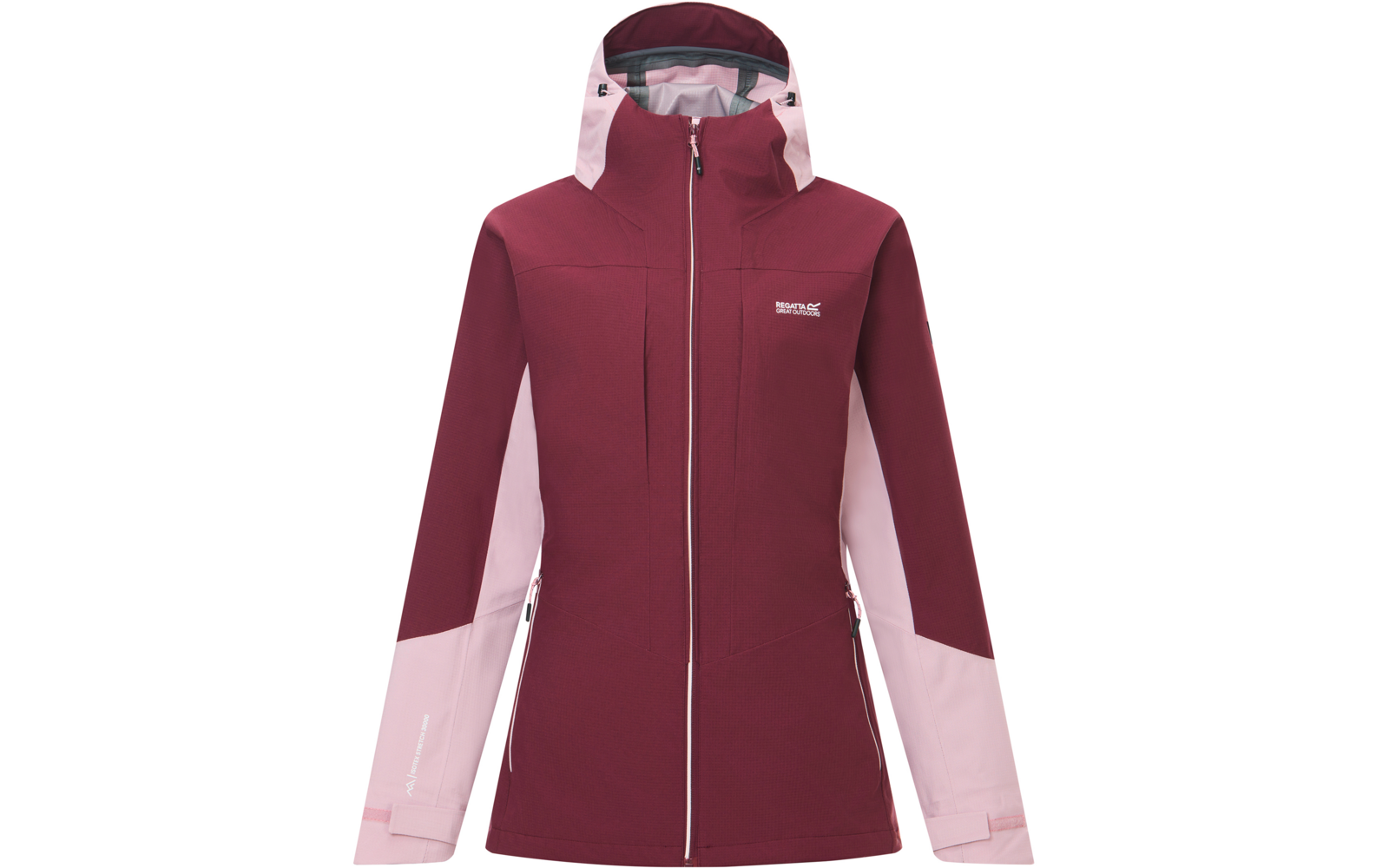 Jacke mit Kapuze, Frontansicht, mittiger Reißverschluss geschlossen, zweifarbig dunkelrot und hellrosa, zwei seitliche Reißverschlusstaschen