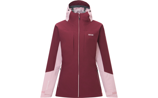 Jacke mit Kapuze, Frontansicht, mittiger Reißverschluss geschlossen, zweifarbig dunkelrot und hellrosa, zwei seitliche Reißverschlusstaschen