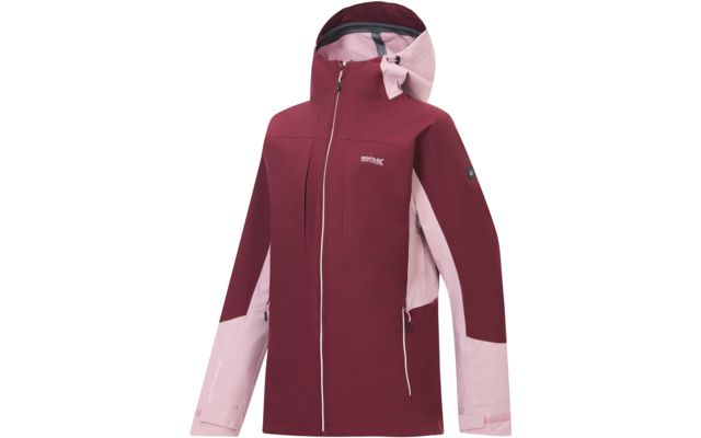 Bordeauxrote Jacke mit hellrosa Einsätzen, Kapuze, durchgehendem Reißverschluss, zwei Reißverschlusstaschen und weißem Logo auf der linken Brust