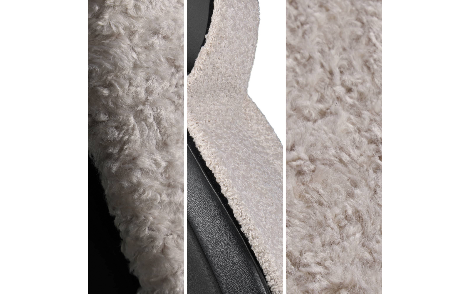 Drei vertikale Bildbereiche: links Nahaufnahme flauschiger hellbeiger Fasern, Mitte ein Streifen dieses Materials auf schwarzer Lederfläche, rechts Nahaufnahme der Fasern