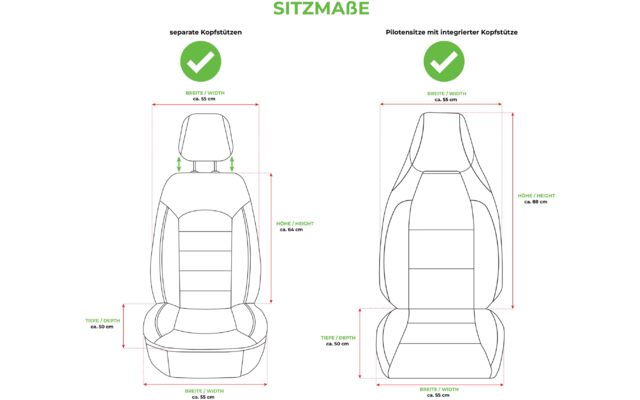 Zwei schematische Autositze nebeneinander: links mit separater Kopfstütze, rechts mit integrierter Kopfstütze; rote Maßlinien und grüne Häkchen