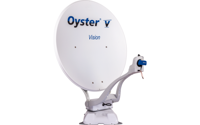 Weiße Satellitenschüssel mit dem Schriftzug 'Oyster Vision' auf weißem Hintergrund