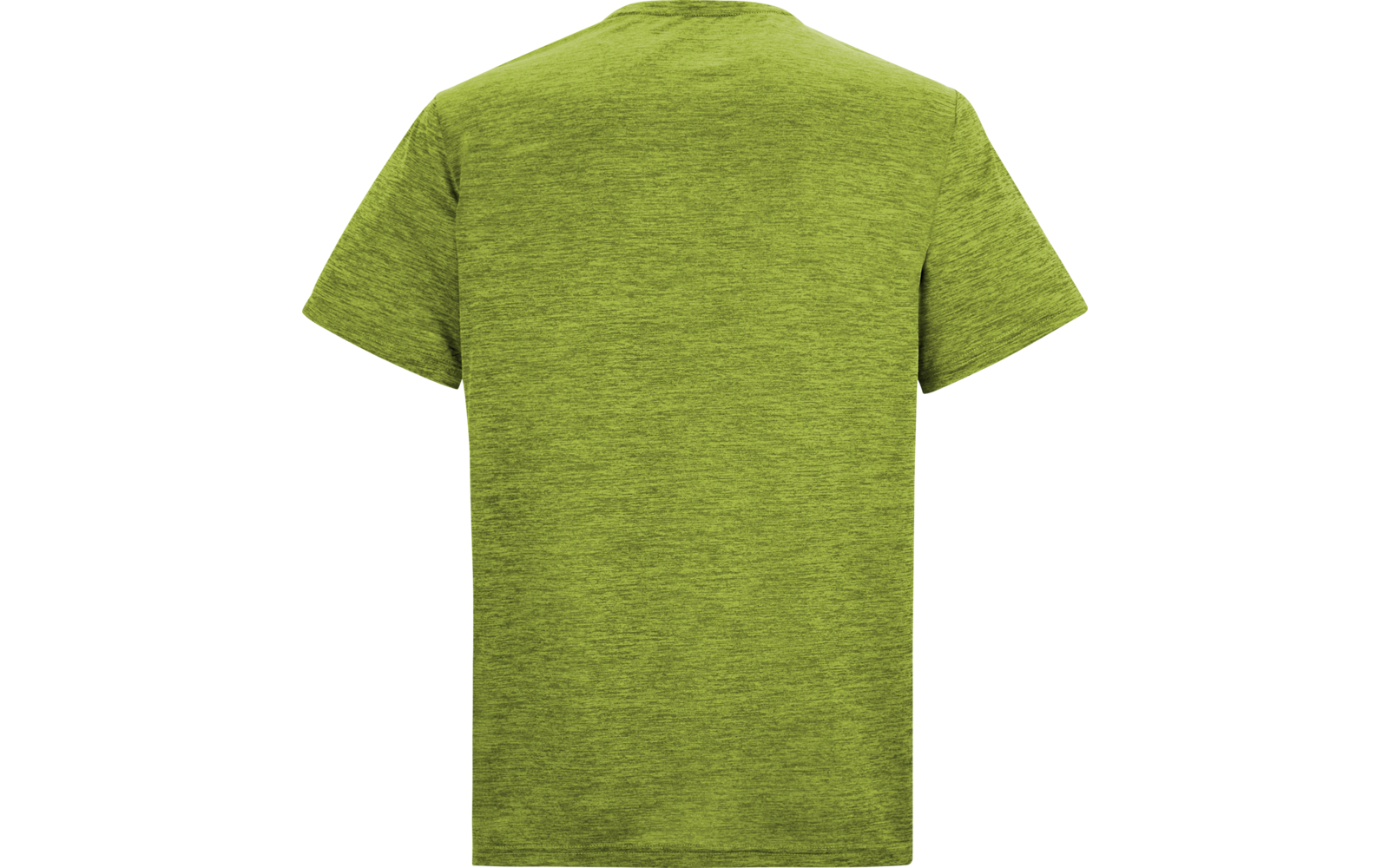 Rückenansicht eines unbedruckten grünen melierten T‑Shirts auf weißem Hintergrund