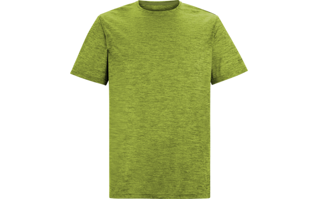 Grünes meliertes T-Shirt, kurzärmlig, Rundhalsausschnitt, Vorderansicht auf weißem Hintergrund