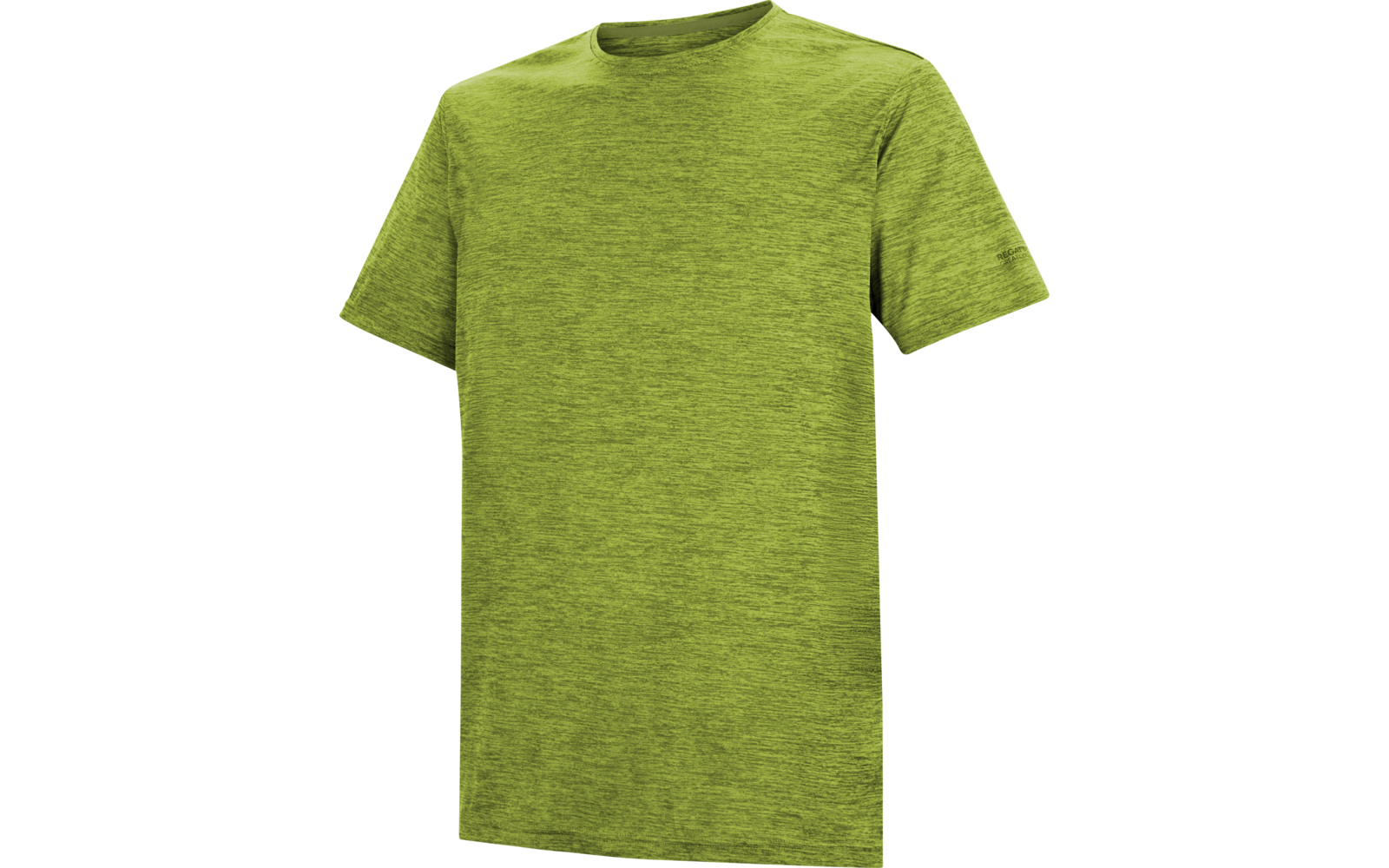 Grünes kurzärmeliges T-Shirt mit meliertem Stoff vor weißem Hintergrund