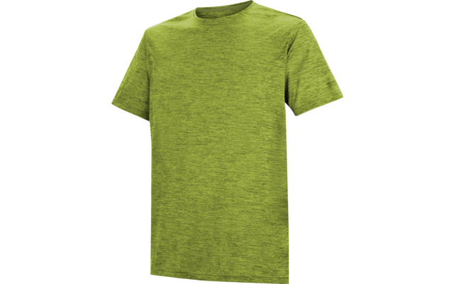 Grünes kurzärmeliges T-Shirt mit meliertem Stoff vor weißem Hintergrund