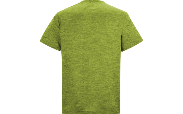 Rückenansicht eines unbedruckten grünen melierten T‑Shirts auf weißem Hintergrund