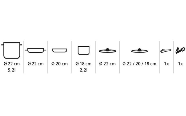 Pictogrammes d'ustensiles de cuisine avec libellés : 'Ø 22 cm 5,2 l', 'Ø 22 cm', 'Ø 20 cm', 'Ø 18 cm 2,2 l', 'Ø 22 cm', 'Ø 22 / 20 / 18 cm' et deux petits pictogrammes d'ustensiles chacun libellés '1x'