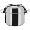 Casserole en acier inoxydable avec couvercle, deux poignées latérales et sangles noires sur fond blanc