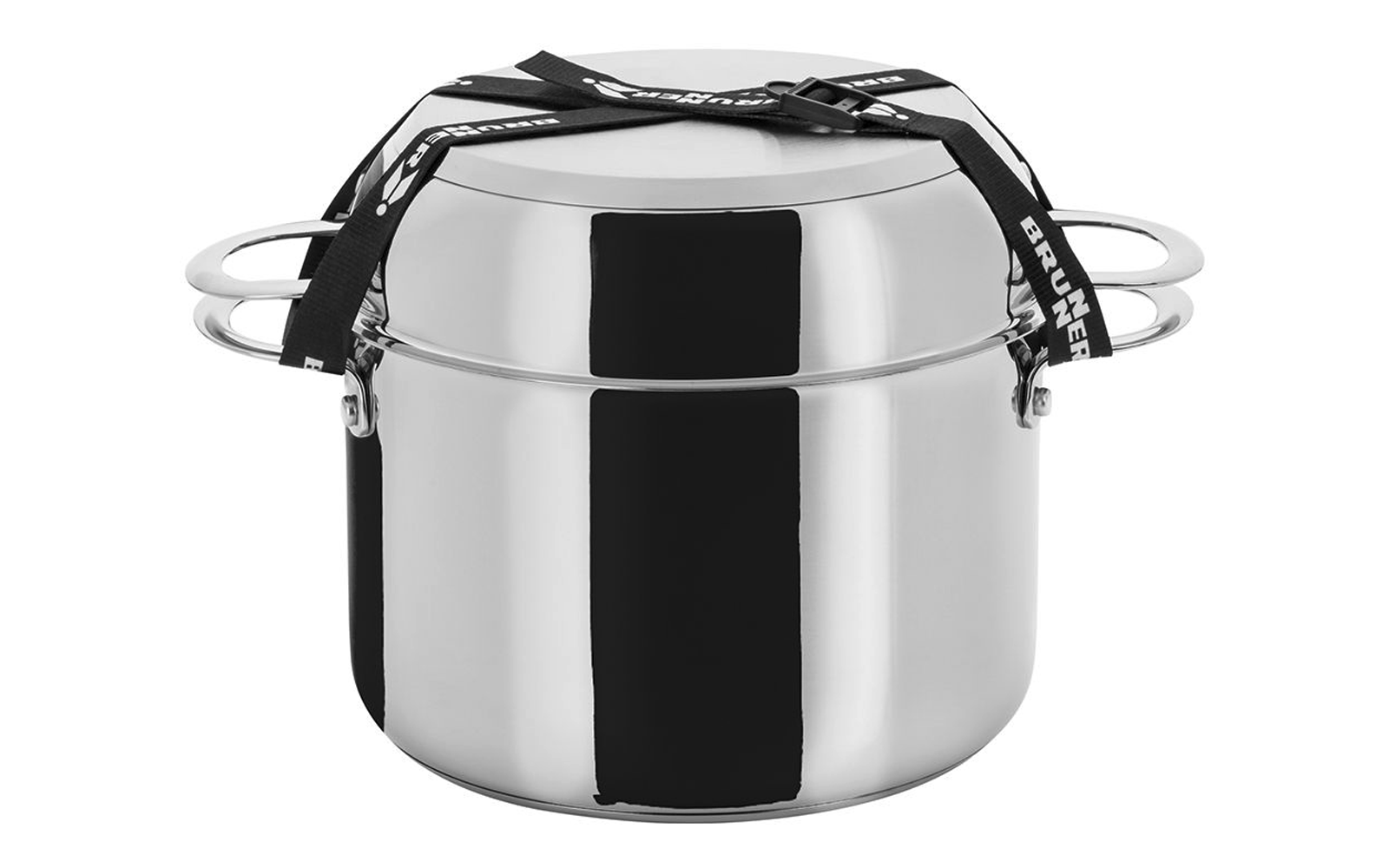 Casserole en acier inoxydable avec couvercle, deux poignées latérales et sangles noires sur fond blanc