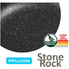 Zone ronde gris foncé avec taches blanches; logo bleu "PFLUON", inscription "Stone Rock", badge circulaire vert "NON-STICK SURFACE" avec icône de poêle et bandes multicolores avec le texte "multiple layer coating"
