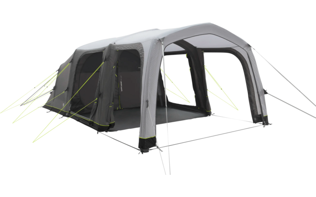 Großes graues aufblasbares Zelt mit mehreren Fenstern und Türen, im Freien auf einer Wiese