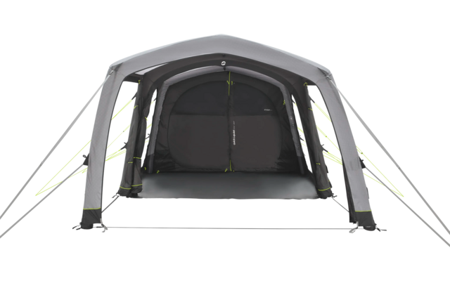 Aufblasbares Zelt mit mehreren Stangen und zwei Eingängen, in Grau und Gelb