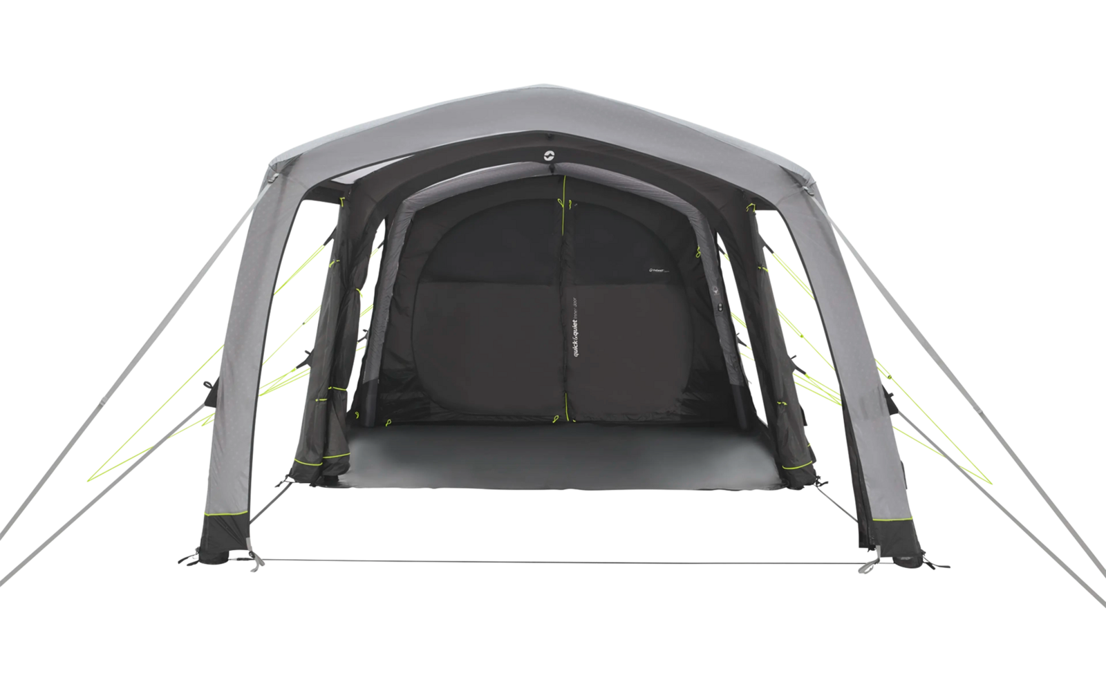 Aufblasbares Zelt mit mehreren Stangen und zwei Eingängen, in Grau und Gelb