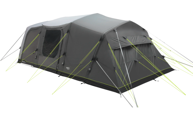 Graues Zelt mit zwei Eingängen, aufgestellt auf grünem Gras