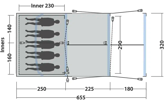 Technische Zeichnung mit Maßen eines Gehäuses und Innenbereich mit fünf schwarzen Elementen links