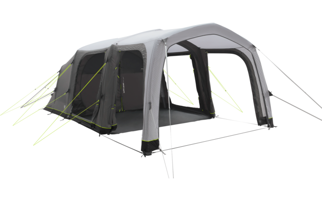 Grande tenda gonfiabile grigia con più archi, ingressi aperti e cavi di ancoraggio giallo neon su sfondo bianco