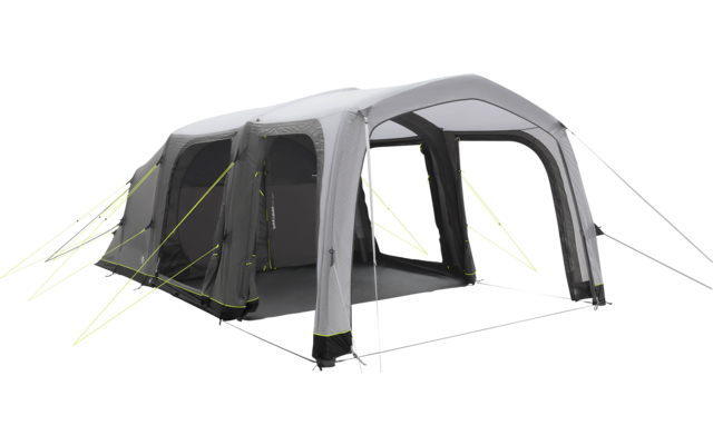 Large gray inflatable tent with multiple arches, open doorways and neon yellow guy lines on a white background