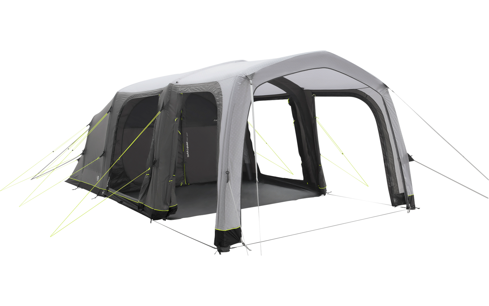 Large gray inflatable tent with multiple arches, open doorways and neon yellow guy lines on a white background