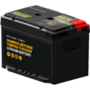 Batterie lithium rectangulaire noire avec poignée, texte produit jaune 'DOMETIC BÜTTNER TEMPA TBL100SF LITHIUM BATTERY', borne rouge, icônes jaunes et loquet supérieur