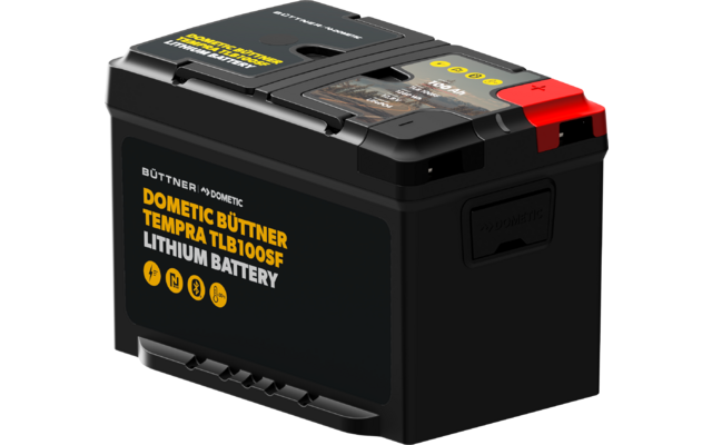 Batterie lithium rectangulaire noire avec poignée, texte produit jaune 'DOMETIC BÜTTNER TEMPA TBL100SF LITHIUM BATTERY', borne rouge, icônes jaunes et loquet supérieur
