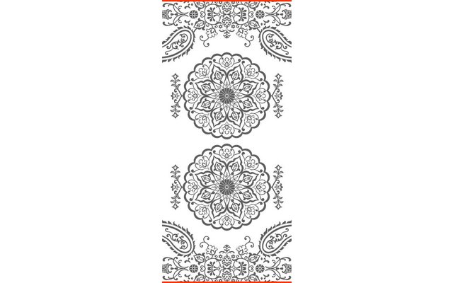 Zwart-grijs lijnornament op witte achtergrond met twee gecentreerde, ronde bloemrozetten in verticale rij en paisley-achtige versieringen boven en onder
