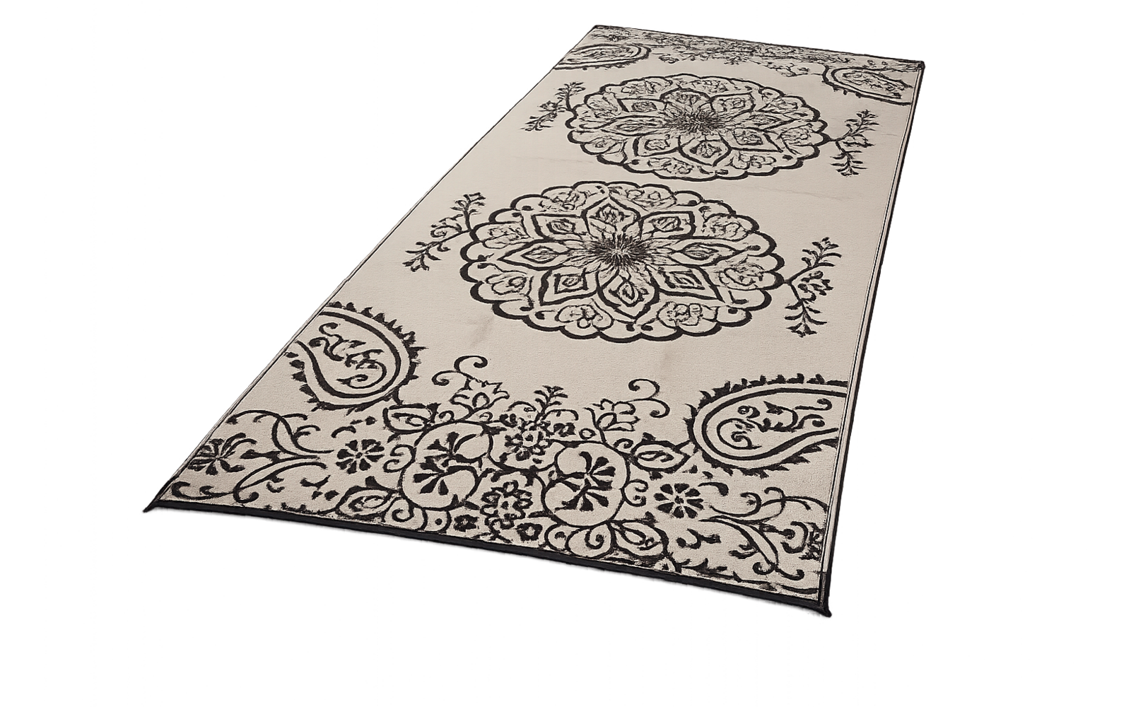 Alfombra rectangular con fondo claro, tres grandes motivos florales circulares en el centro y un borde decorativo oscuro
