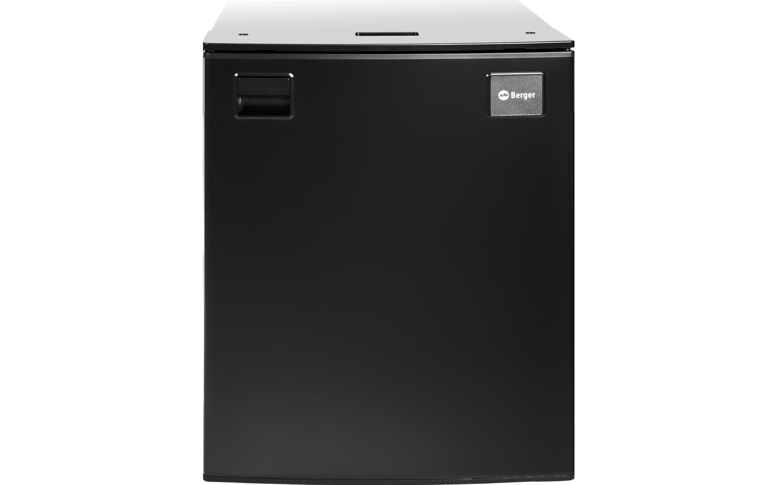 Schwarzer, rechteckiger Korpus mit einer Tür, eingelassenem Griff oben links und Markenlabel 'Berger' oben rechts