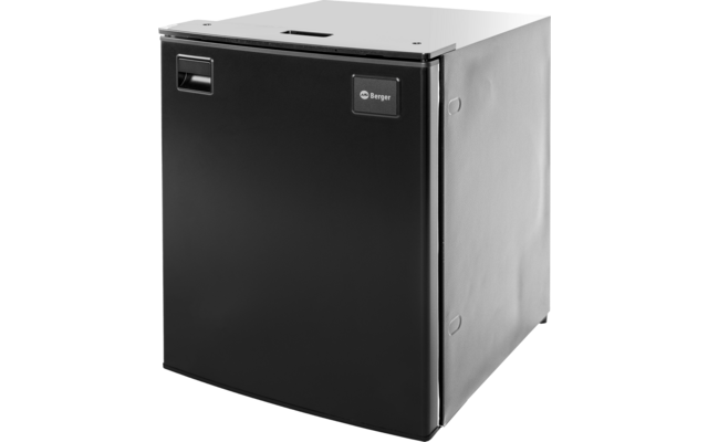 Schwarzer kubischer Kasten mit geschlossener Tür, Griff oben links und 'Berger'-Logo